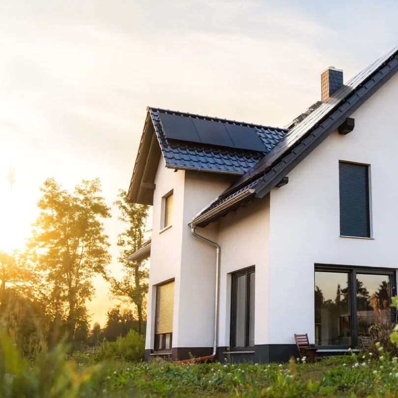 Modern house with solar panels at sunset